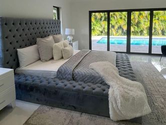 KING Bed Frame – Tall Tufted Headboard – Moving Sale