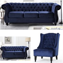 Blue Velvet Sofa Set With Accent Chair 
