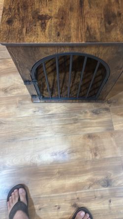 Dog crate, furniture, wood, and iron