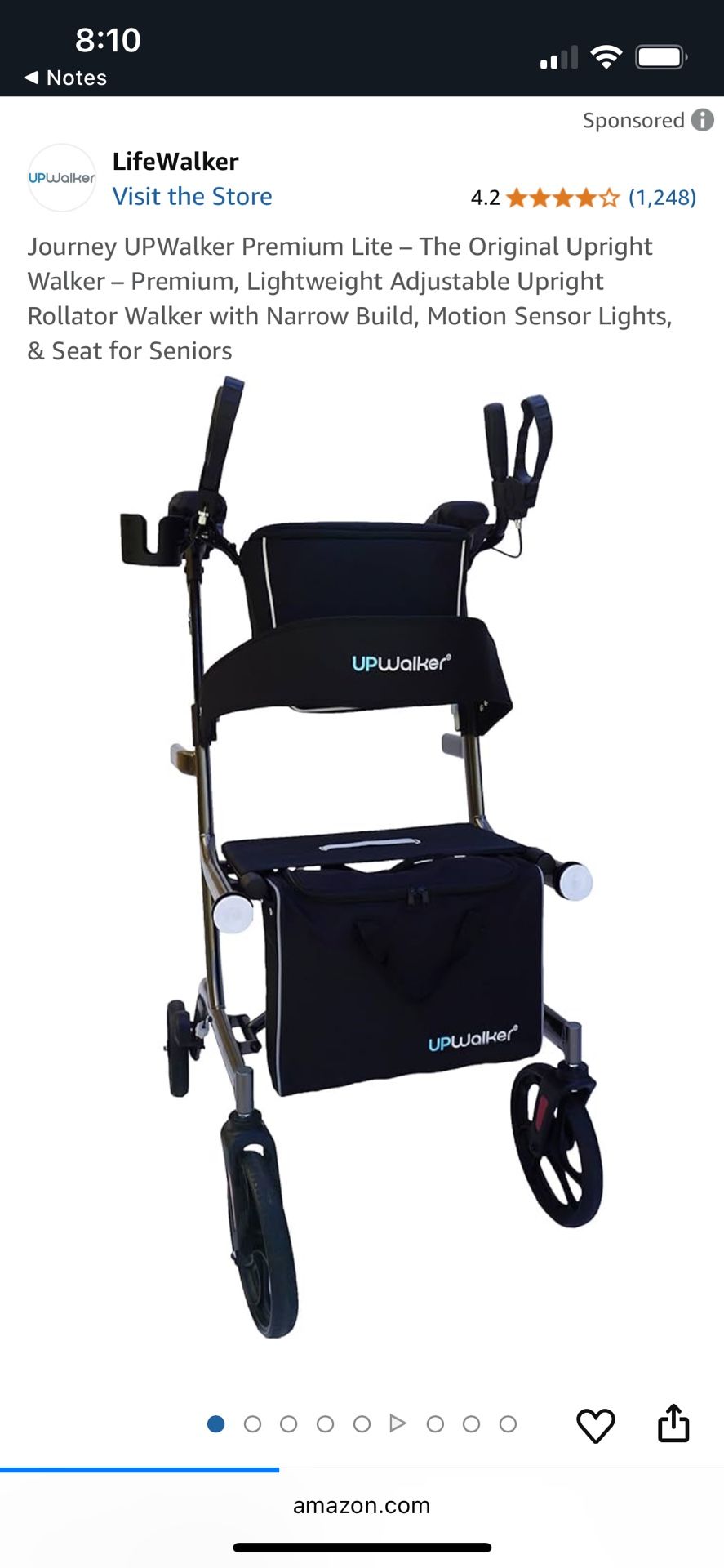 UPWalker Premium Lite – The Original Upright Walker – Premium, Lightweight Adjustable Upright Rollator Walker with Narrow Build, Motion Sensor Lights,