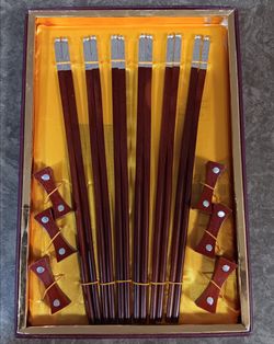 Zhengyuan set of 6 vintage wooden chopsticks w/ silver metal tone handle w/ Matching rest polished wood finish 10inchs