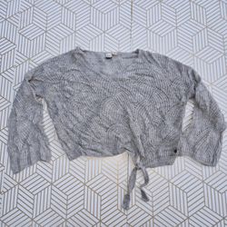Roxy Cropped Gray Knited Shirt Women Front Tie Wide Sleeve
