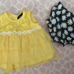 Baby Girl Summer Outfit Dress Top And Shorts 3-6 Months Ddg Yellow 