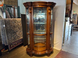 PULASKI Vintage Empire Style Cherry Wood Large Bowed Glass Illuminated Curio Cabinet