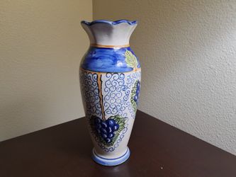 Asian-Inspired Ceramic Vase 9"x3.5" – White with Vines, Leaves & Grapes Design