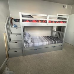 Bunk Bed W/ 3rd Trundle And Stairs With Drawers