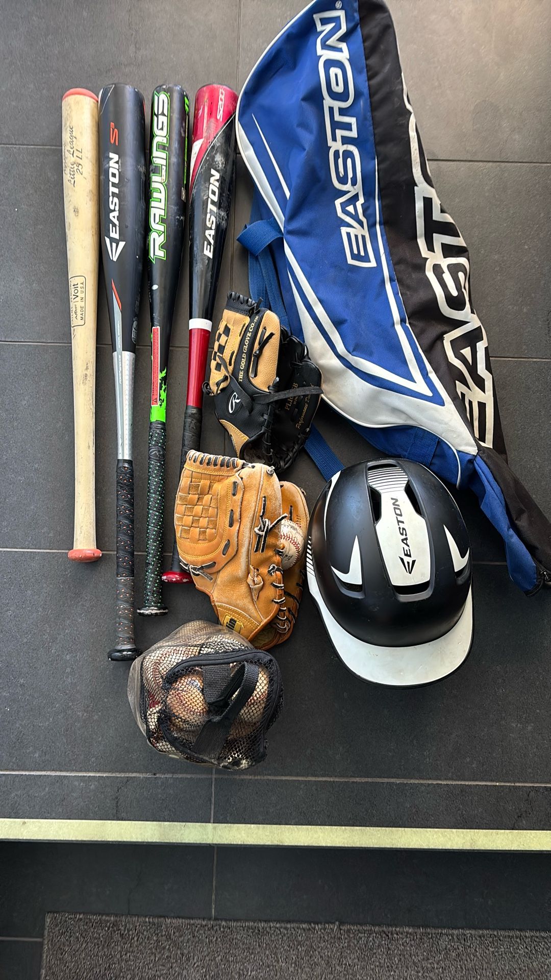 Baseball Bats, Gloves, Helmet, Balls And Bag.