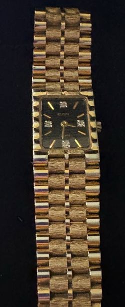 VTG Elgin FM116-017 Gold Black Textured Dial Diamond Markers Quartz Women's Watch