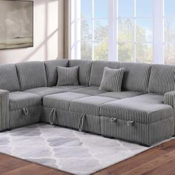 Brand New Grey Corduroy Sectional Sofa Storage Sleeper 