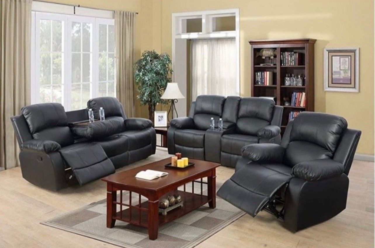 Brand New Black 3-pc Manual Recliner Set In Bonded Leather