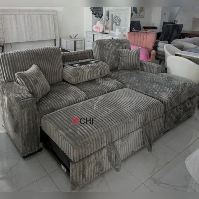 Smoke Color Jumbo Corduroy Sectional Sleeper Sofa With Storage Chaise And Pull Out Bed With Cup Holder