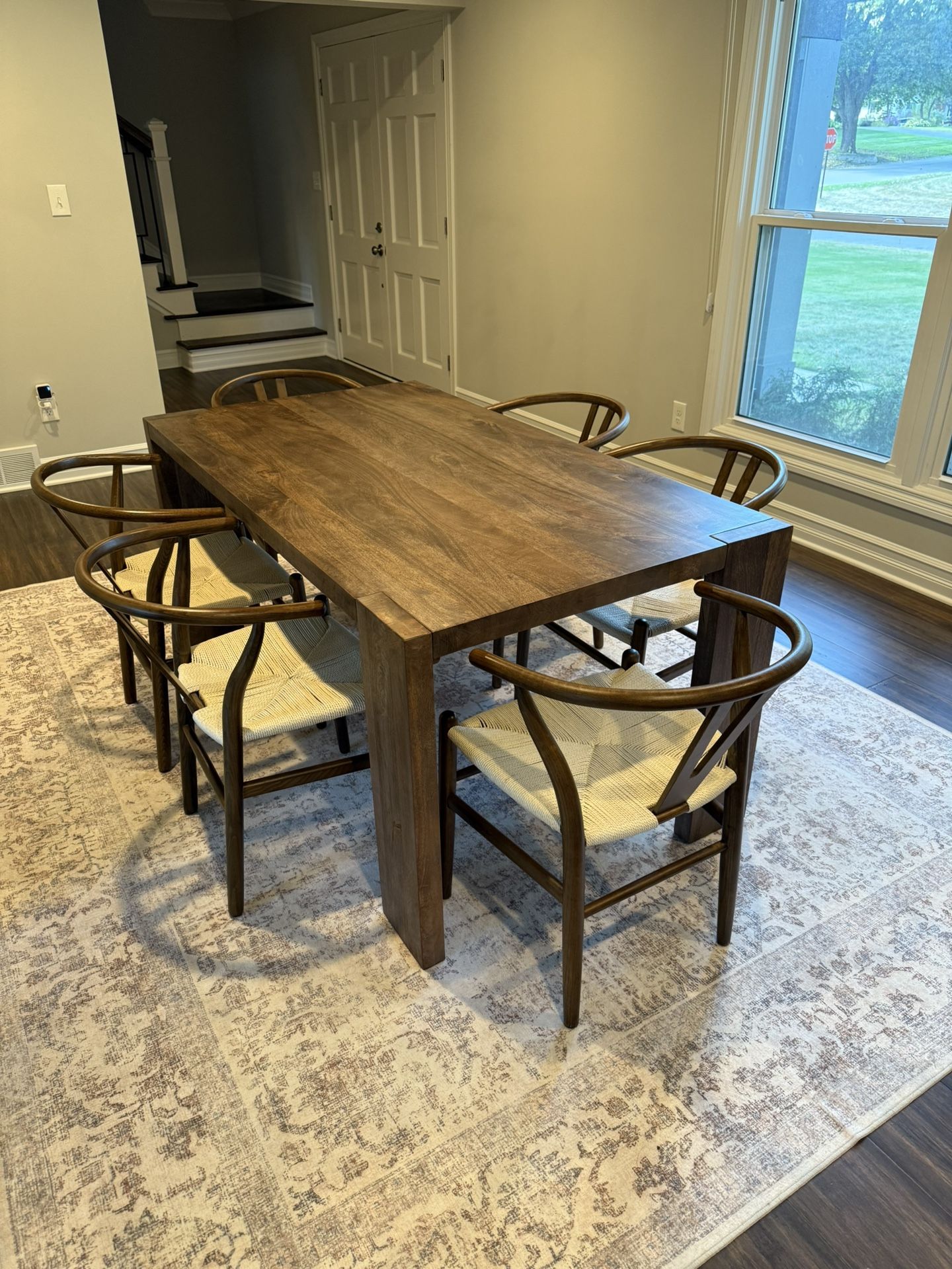 Cb2 rectangle wood dining table with 6 Wishbone Chairs