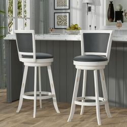 SET OF 2 SWIVEL GRAY FAUX LEATHER STOOLS ( BRAND NEW AND ASSEMBLED )
