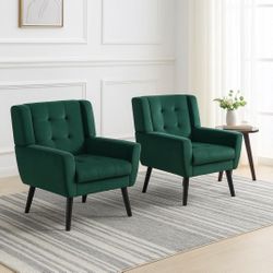 Set Of 2 Green Velvet Square Arm Armchairs / Accent Chairs [NEW] **Retails For $280+