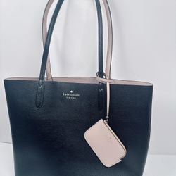 Kate Spade Ava Leather Reversible Coin Pouch Tote Shoulder Bag Black/Beige