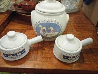 Vintage Country Goose Ceramic Kitchen Set 3 Pieces  Blue & Yellow Ribbon