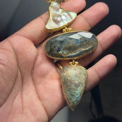 Vintage Artisan Statement Necklace, Multi-Stone Pendant - 68 Grams