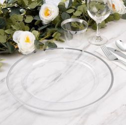 Goodluck 12 Inch Disposable Charger Plates Plastic, 100 Pack Plastic Clear Charger with Silver Rim for Dinner, Wedding, Party Reg. Retail $139.99