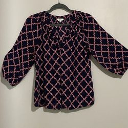 Crown And Ivy Shirt  3/4 Sleeve Geometric Red And Blue Small Puffy Sleeves