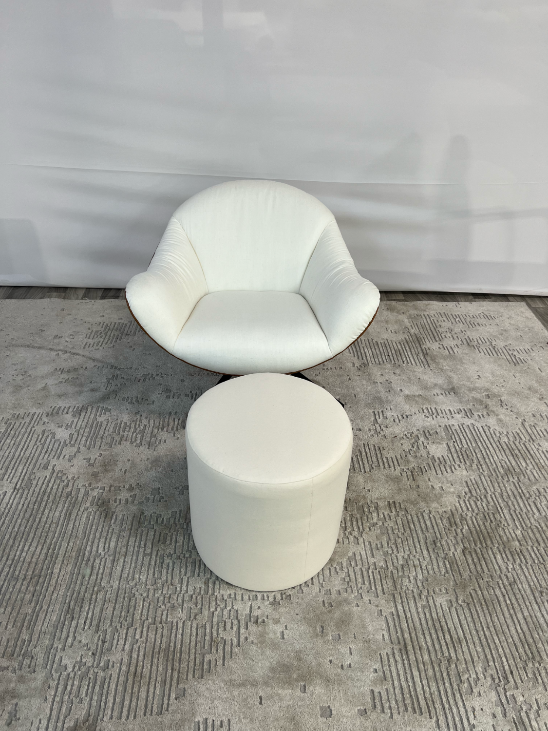 ( Delivery Available ) Castlery Arden Cream White Swivel chair and Ottoman