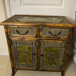 Vintage Bamboo and Rattan Cabinet with Palm Tree Design Metal 