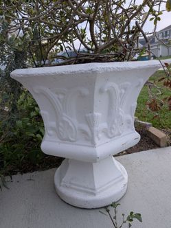 White Concrete Pedestal Garden Urn Planter