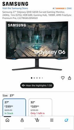 Samsung 27” odyssey QHD G65B curved gaming monitor 240 hz 1ms
