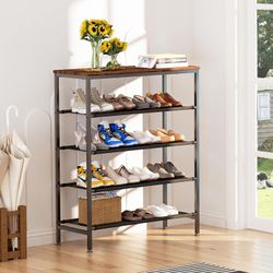 5 Tier Entrance Shoe Rack Sturdy Black Metal Frame Free Standing Shoe Rack Unique Versatile and Spacious Wooden Top Shoe Rack Garage Storage Rack