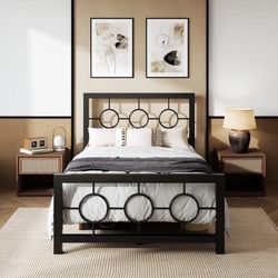 Twin Size Metal Platform Bed Frame with Modern & Vintage Headboard and Footboard, Black