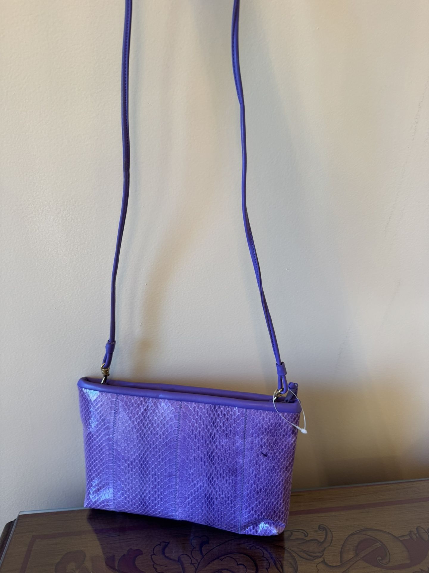 DRAMATIC PRICE DROP: Vintage Never Used ORCHID SNAKESKIN/leather-lined CROSSBODY/SHOULDER/CLUTCH