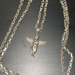 14K White Gold Angel Pendant + 22” 2mm Heavy Cable Link Chain (10.1g) – Like New