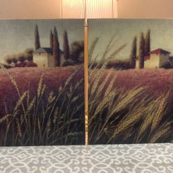 The Set, “Tuscan Fields” 1 & 2 Paintings By Artist J. Wines 20” X 20” Prints, Burlap Backs 