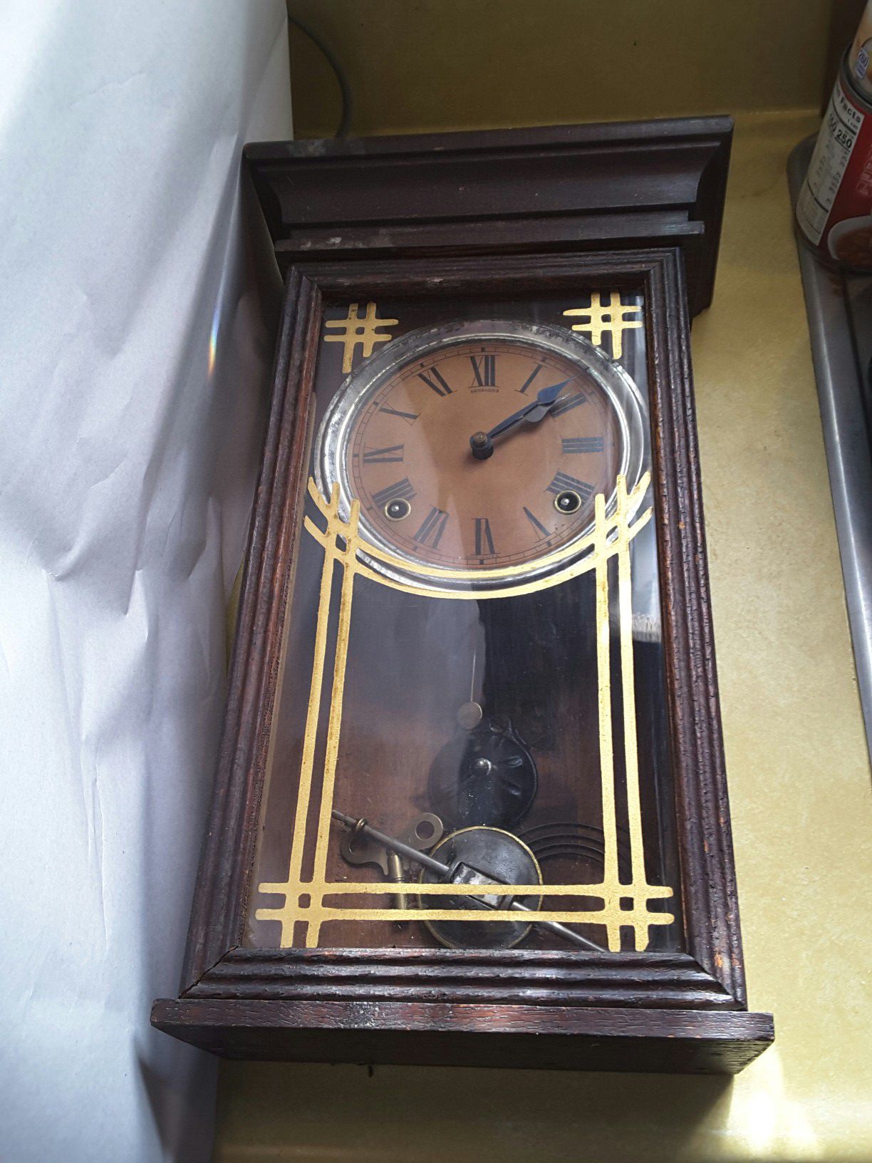 Antique sessions oak craftsman mission style wind up wall clock as is