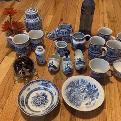23 piece of blue, white clear bundle ( cups, bowls, ashtray, creamer pourer etc)