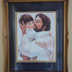 JESUS HOLDING LITTLE CHILD 12"x15" PICTURE IN GOLD AND NAVY BLUE MATTED FRAME UNDER GLASS