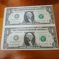 Two Almost Sequintial Off Center 1 Dollar Bills