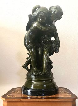 “Deux Enfants” (‘Boy With Girl’) Bronze Sculpture With Marble Base