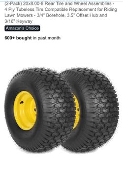 (2-Pack) 20x8.00-8 Rear Tire and Wheel Assemblies - 4 Ply Tubeless Tire Compatible Replacement for Riding Lawn Mowers - 3/4" Borehole, 3.5" Offset Hub