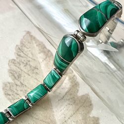 Sterling Silver Malachite Bracelet,  Inlaid Malachite Silver Bracelet