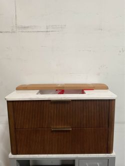 36” Brown Solid Wood Floating Bathroom Vanity with Engineered Marble Top (V82)
