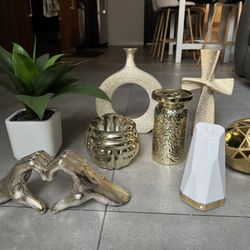 Gold Home Decor Lot - Vases, Cross, Plant, Accents