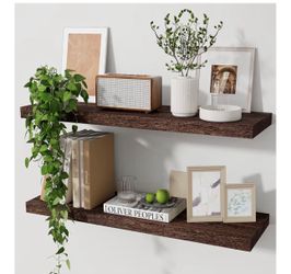 Marsmiles Wood Floating Shelves for Wall Set of 2, 24 Inch Wide Rustic Wooden Floating Shelves, Invisible Wall Mounted Display for Living Room Bedroom