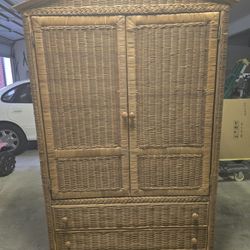 Vintage Wicker/Rattan Armoire Cabinet