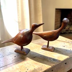 Pair of Vintage Hand-Carved Teak Wood Bird Sculptures