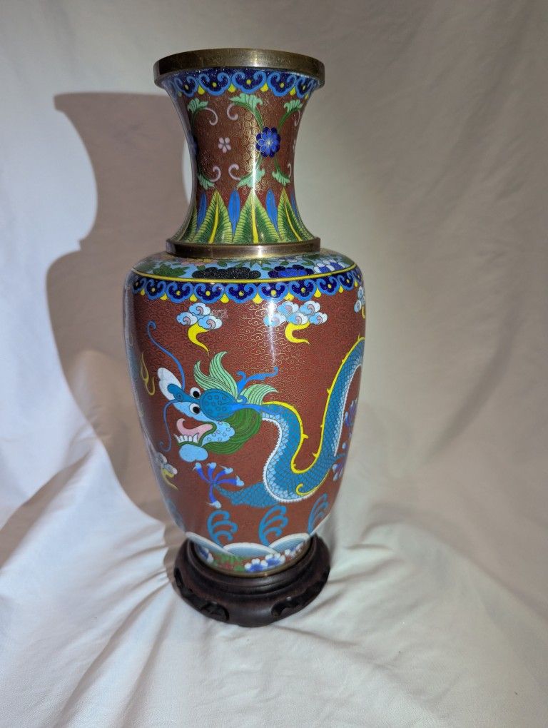 Vintage Double Dragon CHINESE Asian CLOISONNE Large VASE 13