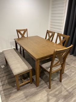 Dining table, chairs and bench
