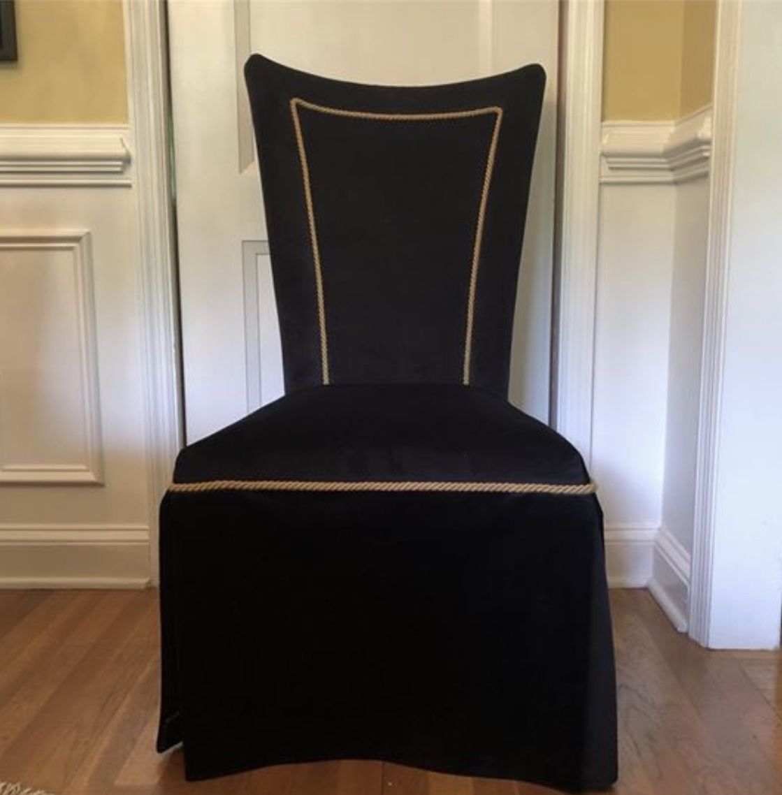 Custom Black Upholstered Dining Chair With Gold Trimming (4)