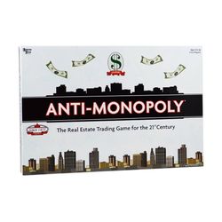 board game "Anti-Monopoly" by University Games, which is marketed as "The Real Estate Trading Game for the 21st Century New sealed