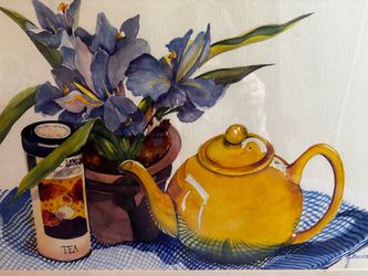 An original painting I did. It’s watercolor a yellow teapot and blue purple iris