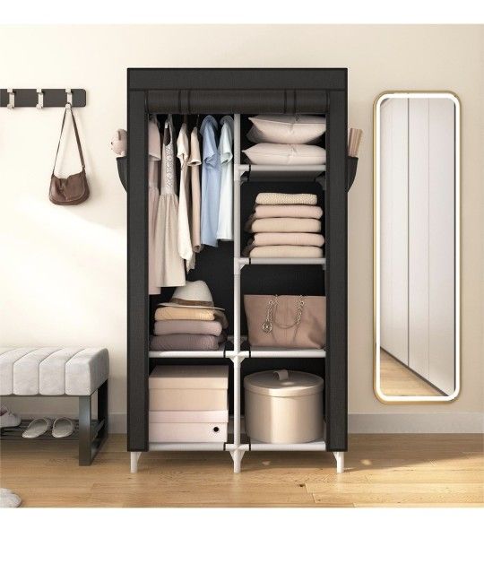 ROJASOP Portable Closet Wardrobe Closet for Hanging Clothes with 6 Storage Shelves, 1 Hanging Rod and 4 Pockets, Free Standing Closet Clothes Organize